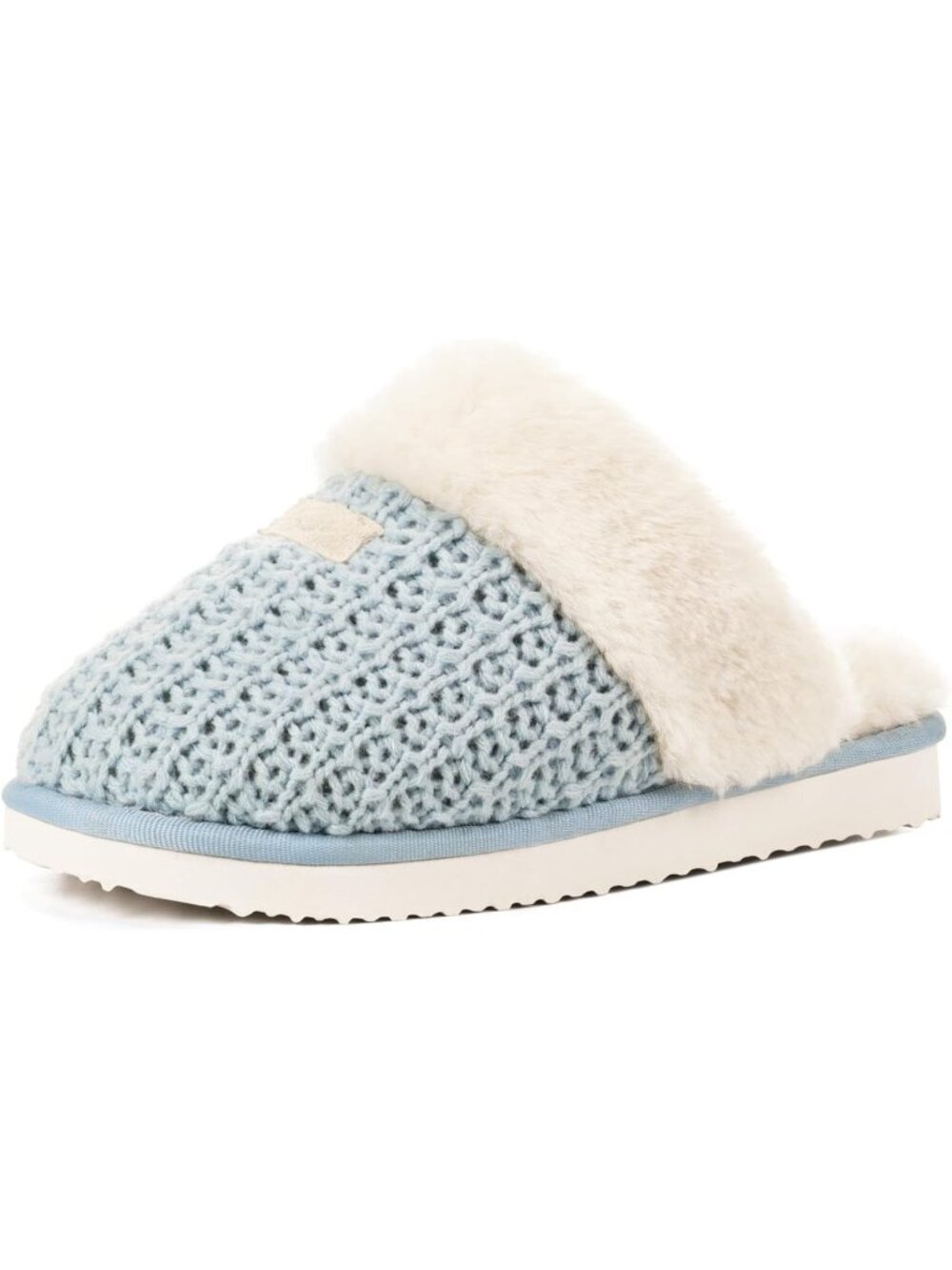 Women Blue Faux Leather Soft Warm Fuzzy Slipper Shoes for Indoor
